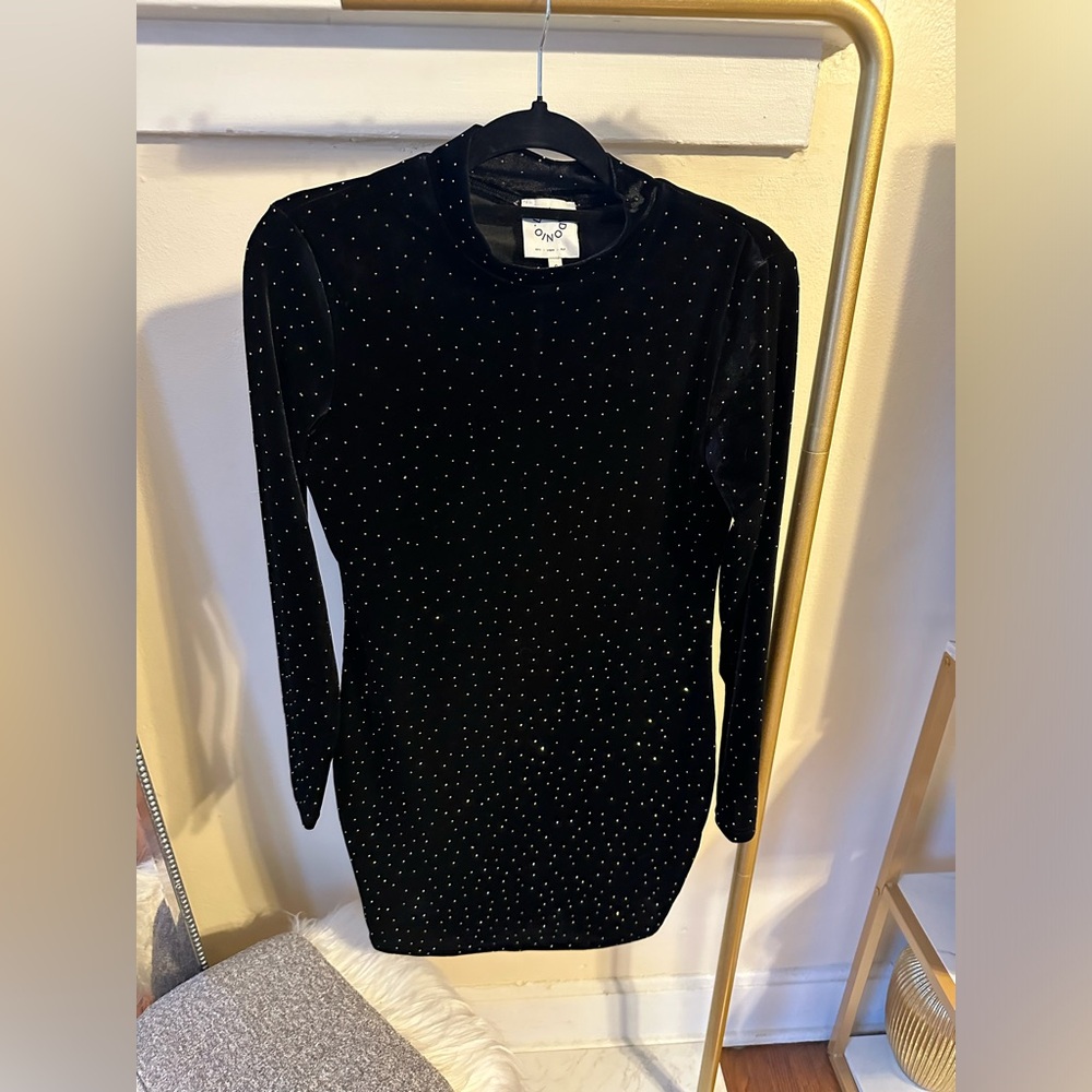 Black velour long sleeve mini dress with jewels